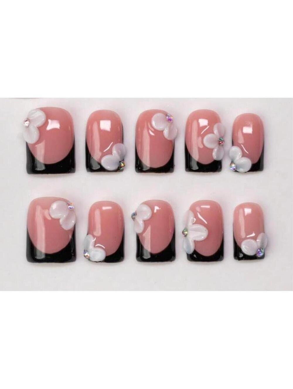Extra short square Press on nails black French tips acrylic flowers rhinestones